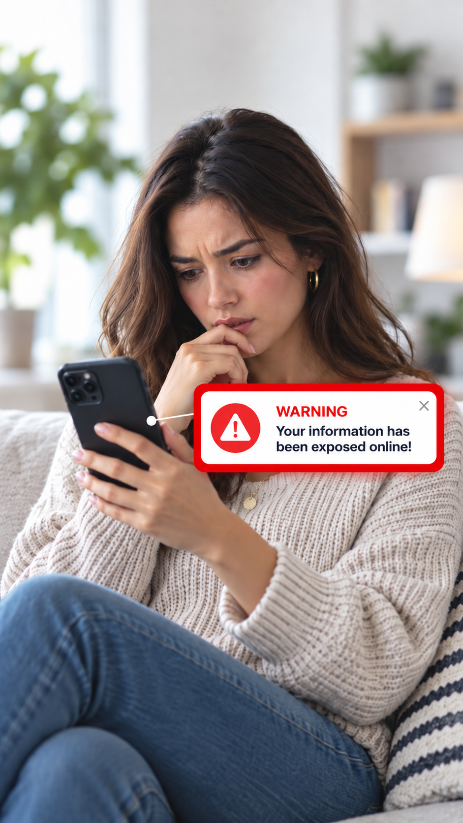 Woman receiving an online data exposure warning